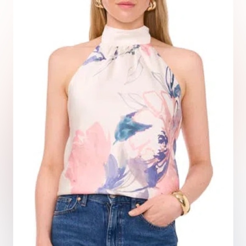 Parker Floral Mock Neck Halter Top - Pink, Blue & Ivory New